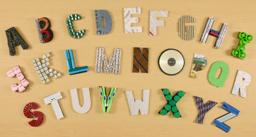 Letters of the alphabet made from upcycled materials (School Recycling Spring Cleaning)